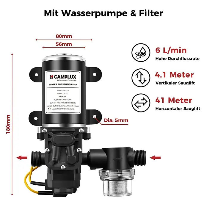 Camplux Durchlauferhitzer Outdoor Dusche BW+-Serie - 6 l/min, 50 mbar, Schwarz - Schwarze Wasserpumpe mit klarem Filter und gelber Verkabelung, mit Abmessungen und Leistungsdaten.