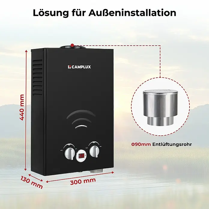 Camplux Durchlauferhitzer Outdoor Dusche BW-Serie - 6 l/min, 50 mbar, Schwarz - Schwarzer Gas-Durchlauferhitzer (440x300x130mm) mit Ø90mm Entlüftungsrohr, für Außeninstallation.