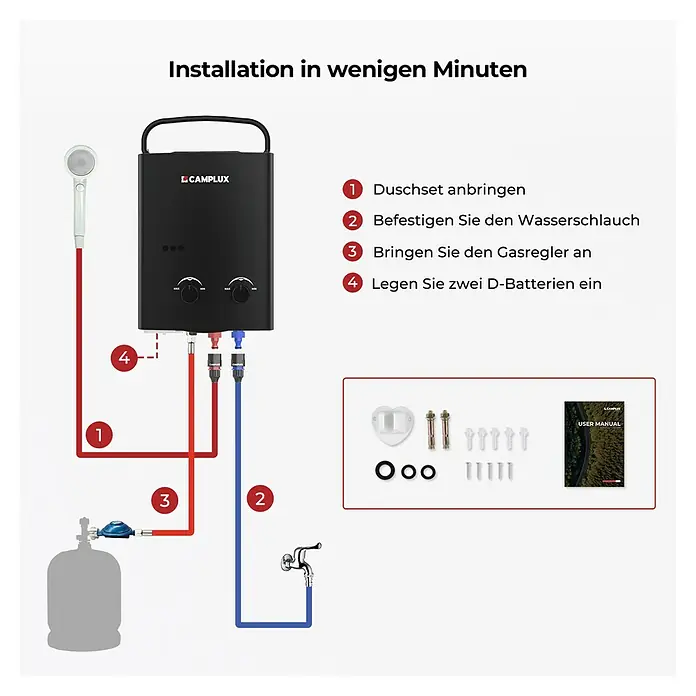 Camplux Durchlauferhitzer Outdoor Dusche AY-Serie - 5 l/min, 50 mbar, Schwarz - Schwarzer tragbarer Durchlauferhitzer mit Installationsschema für Duschkopf, Wasserschlauch, Gasregler und Zubehör.