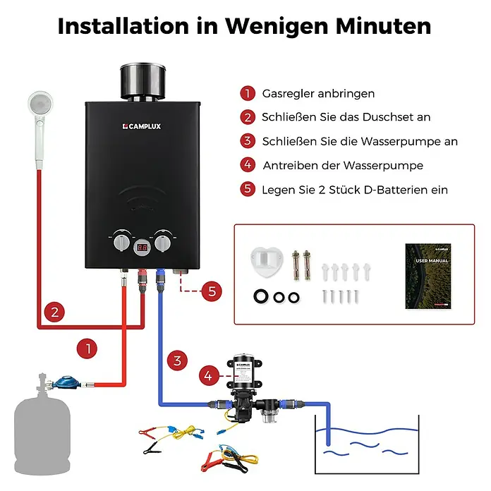 Camplux Durchlauferhitzer Outdoor Dusche BW+-Serie - 6 l/min, 50 mbar, Schwarz - Schwarzer tragbarer Durchlauferhitzer, komplett mit Gasregler, Wasserpumpe und Duschset, zeigt den Installationsprozess.