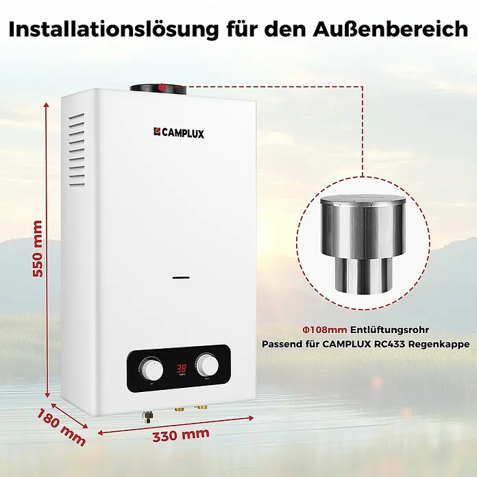 Camplux Durchlauferhitzer Outdoor Dusche BD-Serie - 10 l/min, 50 mbar, Weiß - Weißer CAMPLUX Durchlauferhitzer (550x330x180mm) mit Display und Reglern, zeigt Ø108mm Entlüftungsrohr für Außeninstallation.
