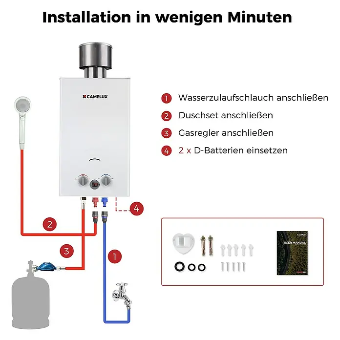 Camplux Durchlauferhitzer Outdoor Dusche BW-Serie - 10 l/min, 50 mbar, Weiß - Weißer Camplux tragbarer Warmwasserbereiter. Diagramm zeigt einfache Installationsschritte für Wasser, Dusche, Gas und Batterien, plus Zubehör.