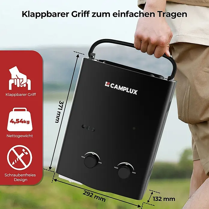Camplux Durchlauferhitzer Outdoor Dusche AY-Serie + - 5 l/min, Wasserpumpe, 50 mbar, Schwarz - Schwarzer tragbarer Durchlauferhitzer mit klappbarem Griff, von einer Hand gehalten. Maße und Gewicht (4,54 kg) sind angegeben.