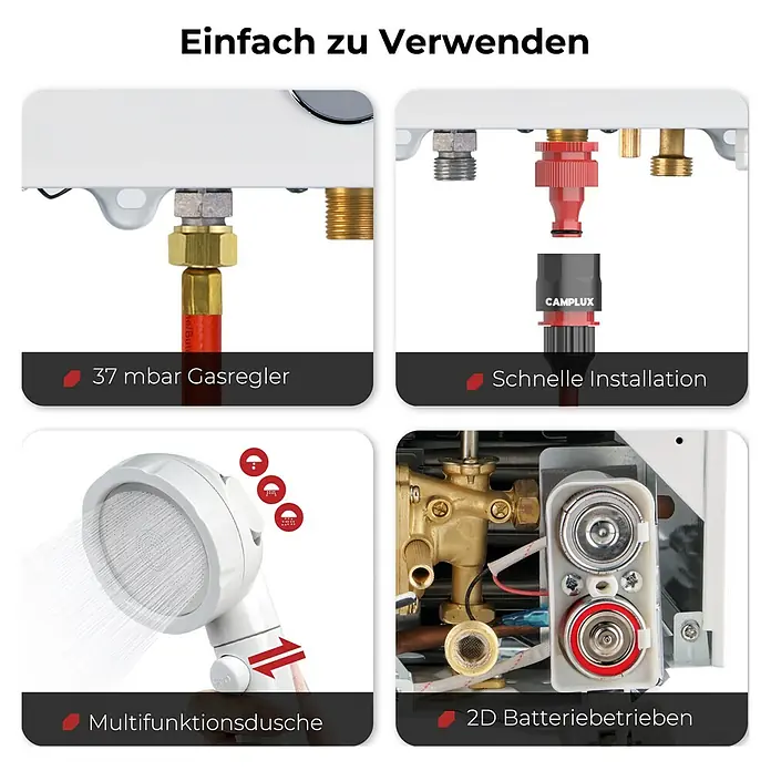 Camplux Durchlauferhitzer Outdoor Dusche BW-Serie - 6 l/min, 37 mbar, Weiß - Vierfeldanzeige der Merkmale eines Warmwasserbereiters: Gasregler, Schnellkupplungen, Multifunktions-Brausekopf und 2D-Batteriefach.
