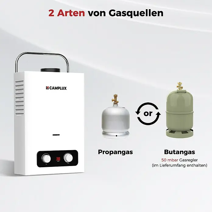 Camplux Durchlauferhitzer Outdoor Dusche BD-Serie - 6 l/min, 50 mbar, Weiß - Weißer tragbarer Gasdurchlauferhitzer neben Propan- und Butangasflaschen, kompatibel mit beiden Gasarten.