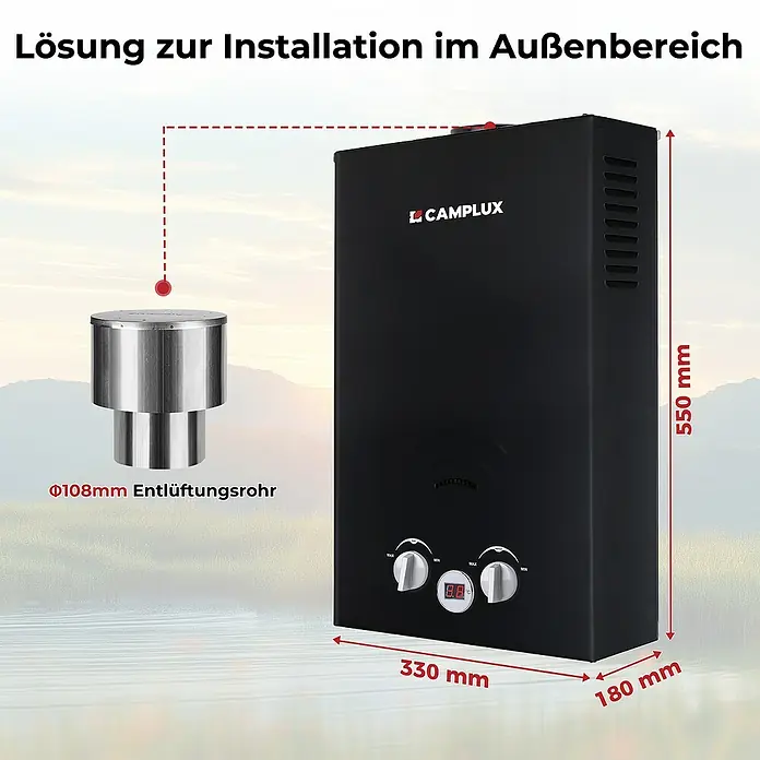 Camplux Durchlauferhitzer Outdoor Dusche BW+-Serie - 10 l/min, 50 mbar, Schwarz - Schwarzer CAMPLUX Outdoor-Warmwasserbereiter mit Bedienknöpfen, Digitalanzeige und 108mm Entlüftungsrohr. Maße: 550x330x180mm.