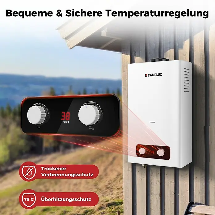 Camplux Durchlauferhitzer Outdoor Dusche BD-Serie - 10 l/min, 50 mbar, Weiß - Weißer CAMPLUX Außendurchlauferhitzer mit digitalem Fernbedienfeld (38°C) und Sicherheitsfunktionen.