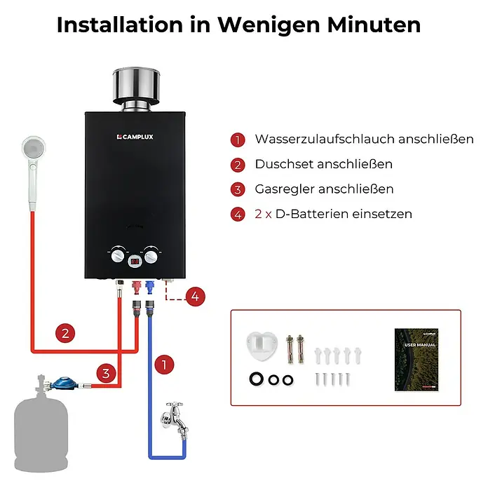 Camplux Durchlauferhitzer Outdoor Dusche BW-Serie - 10 l/min, 50 mbar, Schwarz - Schwarz tragbarer Durchlauferhitzer Installationsschema mit Anschlüssen für Wasser, Dusche, Gas und Batteriefach.