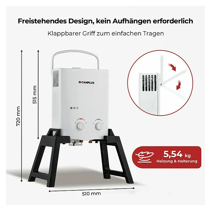 Camplux Durchlauferhitzer Outdoor Dusche AY-Serie + - 5 l/min, Wasserpumpe, 50 mbar, Weiß - Weißer, freistehender Durchlauferhitzer mit klappbarem Griff und schwarzem Ständer. 5,54 kg, 720x510 mm.