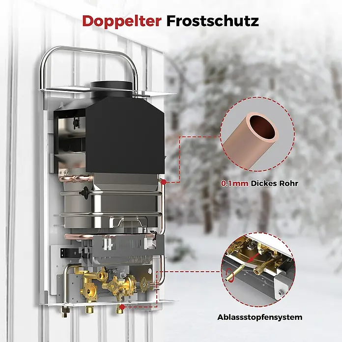 Camplux Durchlauferhitzer Outdoor Dusche BD-Serie - 6 l/min, 50 mbar, Weiß - Schnittansicht eines Warmwasserbereiters mit Kupferrohren und Messingventilen, die doppelten Frostschutz vor Winterkulisse demonstrieren.
