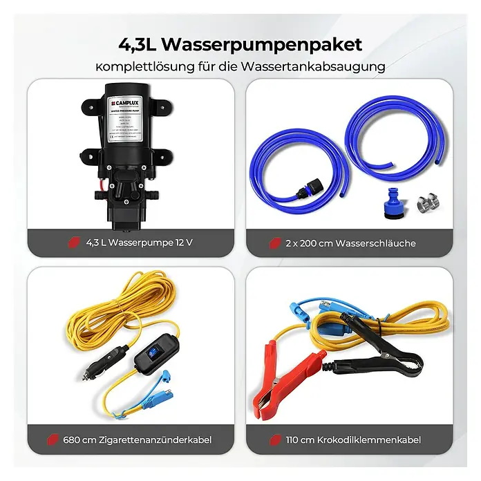 Camplux Durchlauferhitzer Outdoor Dusche AY-Serie + - 5 l/min, Wasserpumpe, 50 mbar, Schwarz - Wasserpumpenpaket mit 12V Pumpe, zwei blauen Schläuchen und zwei Stromkabeln (Zigarettenanzünder, Krokodilklemmen) zur Wassertankabsaugung.