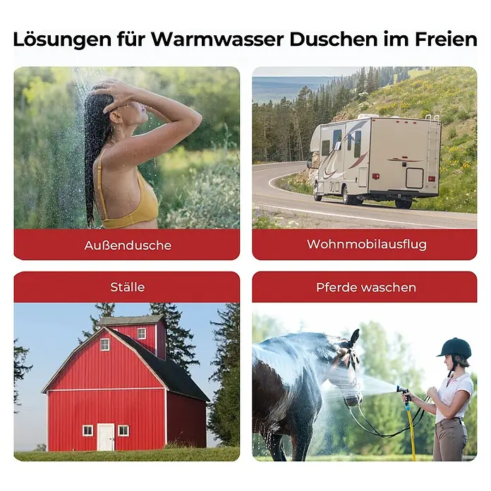 Camplux Durchlauferhitzer Outdoor Dusche AY-Serie - 5 l/min, 37 mbar, Weiß - Vier Szenen zeigen Warmwasserduschen im Freien: Frau duscht, Wohnmobil, Stall und Pferdewäsche.