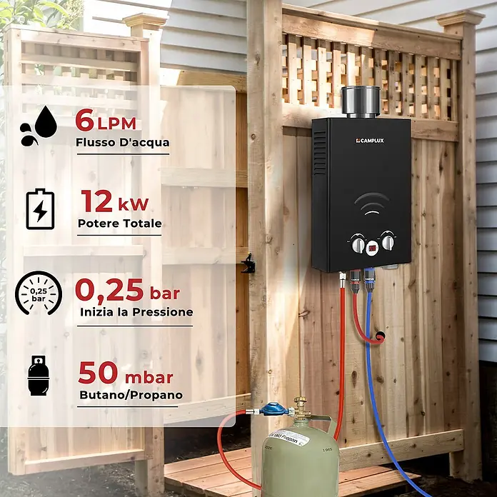 Camplux Durchlauferhitzer Outdoor Dusche BW-Serie - 6 l/min, 50 mbar, Schwarz - Schwarzer CAMPLUX Outdoor-Gasdurchlauferhitzer an Holzzaun, mit Gasflasche & Wasserleitungen.