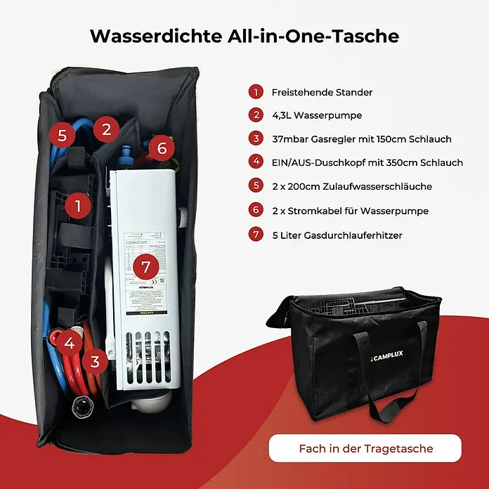 Camplux Durchlauferhitzer Outdoor Dusche AY-Serie + - 5 l/min, Wasserpumpe, 50 mbar, Weiß - Schwarze wasserdichte Tasche mit einem tragbaren Gas-Durchlauferhitzer-System, Pumpe, Schläuchen und Zubehör.