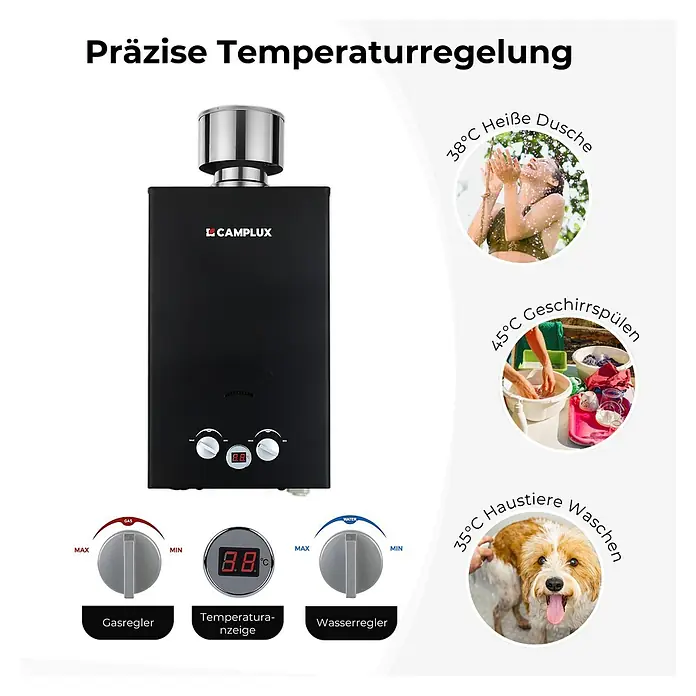 Camplux Durchlauferhitzer Outdoor Dusche BW+-Serie - 10 l/min, 50 mbar, Schwarz - Schwarzer CAMPLUX Warmwasserbereiter mit digitaler Temperaturanzeige und Gas-/Wasserreglern, zeigt präzise Temperaturkontrolle für Duschen, Spülen und Haustierwäsche.