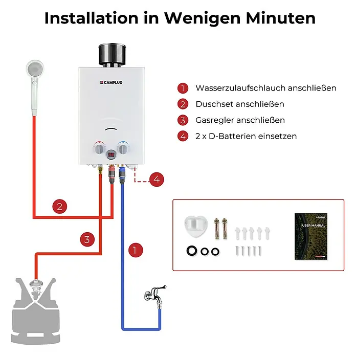 Camplux Durchlauferhitzer Outdoor Dusche BW-Serie - 6 l/min, 37 mbar, Weiß - Weißer CAMPLUX tragbarer Durchlauferhitzer: Installationsschema mit Schläuchen, Gasregler und Zubehör.