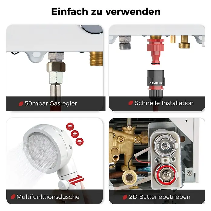 Camplux Durchlauferhitzer Outdoor Dusche BW-Serie - 10 l/min, 50 mbar, Weiß - Collage der Gas-Durchlauferhitzer-Funktionen: 50mbar Gasregler, Schnellanschluss, Multifunktionsdusche und 2D-Batteriebetrieb für einfache Nutzung.