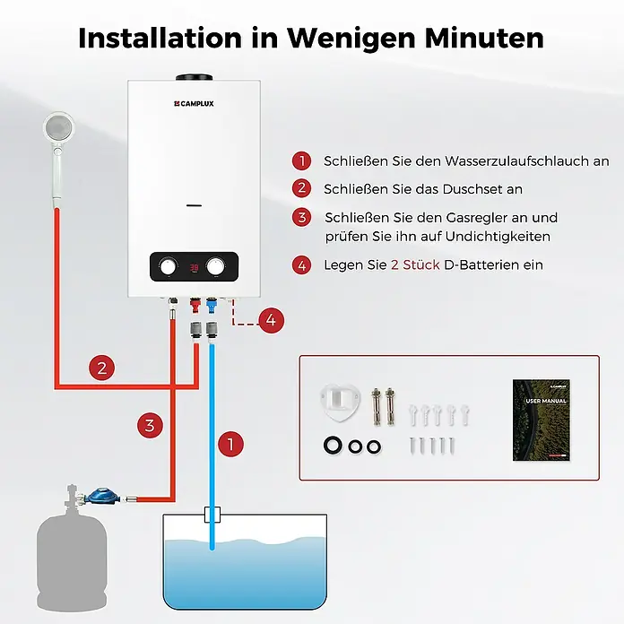 Camplux Durchlauferhitzer Outdoor Dusche BD-Serie - 10 l/min, 50 mbar, Weiß - Weißer Camplux Durchlauferhitzer mit Installationsanleitung für Wasser, Gas, Dusche und Batterien, gezeigt mit Zubehör.
