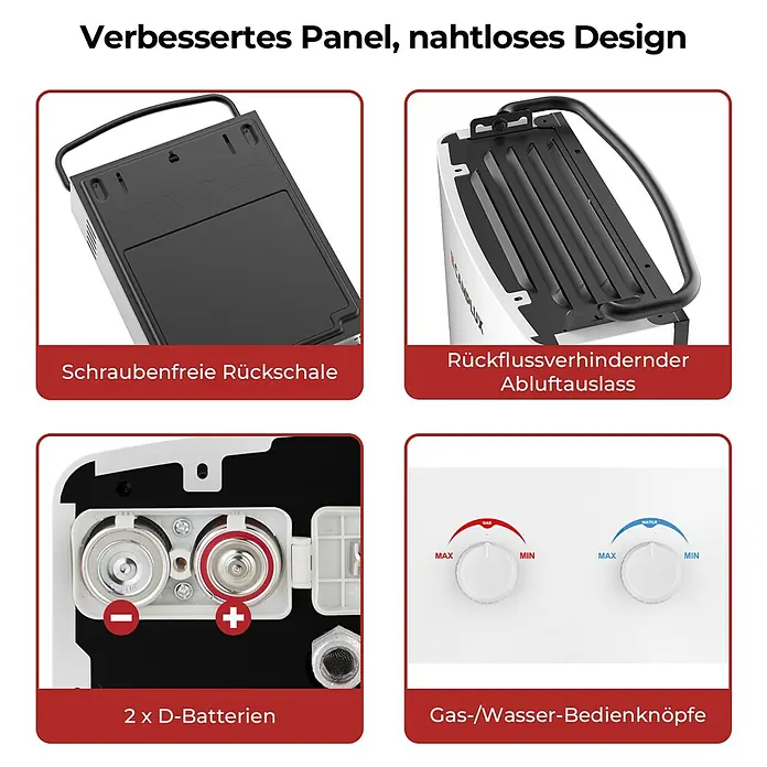 Camplux Durchlauferhitzer Outdoor Dusche AY-Serie - 5 l/min, 37 mbar, Weiß - Tragbarer Warmwasserbereiter mit schraubenfreier Rückseite, Abgasanschluss, Batteriefach und Gas-/Wasserreglern.