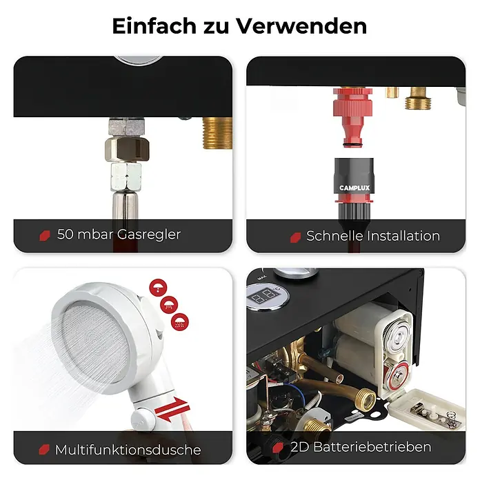 Camplux Durchlauferhitzer Outdoor Dusche BW-Serie - 6 l/min, 50 mbar, Schwarz - Merkmale tragbaren Warmwasserbereiters: Gasregler, Schnellanschluss, Multifunktionsdusche, 2D-Batteriefach.