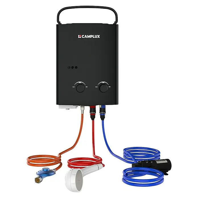 Camplux Durchlauferhitzer Outdoor Dusche AY-Serie + - 5 l/min, Wasserpumpe, 50 mbar, Schwarz - Schwarzer tragbarer CAMPLUX Gas-Durchlauferhitzer mit Schläuchen, Duschkopf, Gasregler und Wasserpumpe für den Außenbereich.