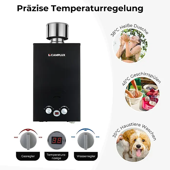 Camplux Durchlauferhitzer Outdoor Dusche BW-Serie - 10 l/min, 50 mbar, Schwarz - Schwarzer Gas-Warmwasserbereiter mit Digitalanzeige und Drehreglern, gezeigt mit Beispielen für Duschen, Geschirrspülen und Tierwäsche.