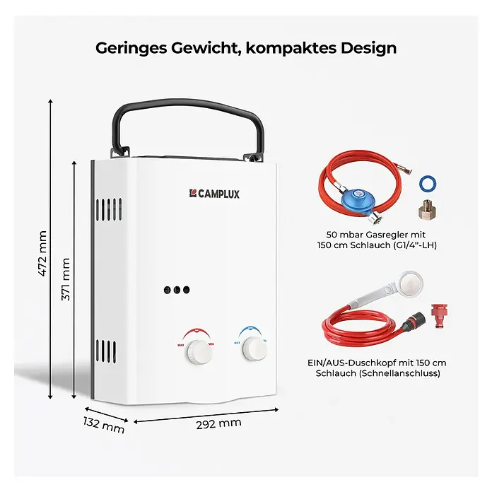 Camplux Durchlauferhitzer Outdoor Dusche AY-Serie - 5 l/min, 50 mbar, Weiß - Weißer tragbarer Gas-Durchlauferhitzer mit Maßen, Gasregler und Duschkopf.