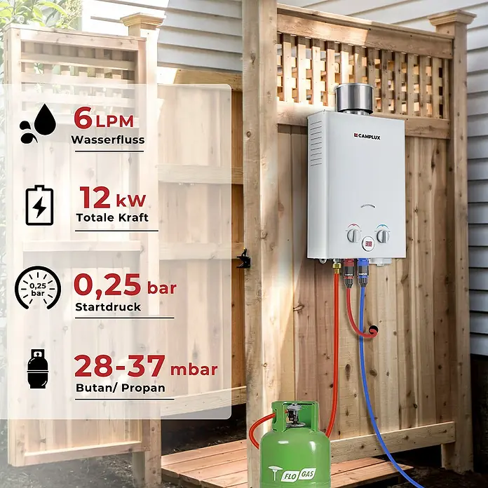Camplux Durchlauferhitzer Outdoor Dusche BW-Serie - 6 l/min, 37 mbar, Weiß - Weißer Camplux Outdoor-Gas-Durchlauferhitzer an Holzwand, verbunden mit grüner Propangasflasche und Schläuchen. Überlagerter Text zeigt Wasserdurchfluss, Leistung und Gasdruck.