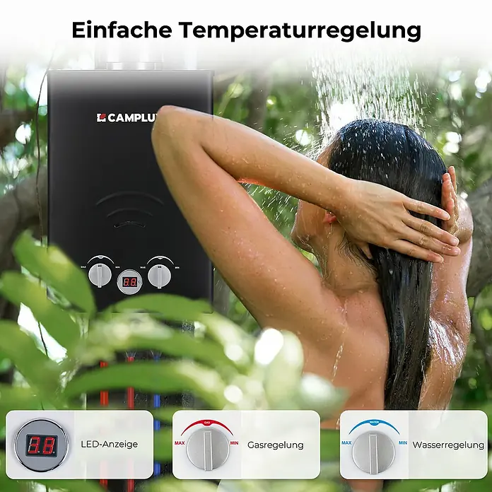 Camplux Durchlauferhitzer Outdoor Dusche BW-Serie - 6 l/min, 50 mbar, Schwarz - Schwarzer CAMPLU Durchlauferhitzer mit LED-Anzeige und Gas-/Wasserregelung, im Außendusch-Einsatz.