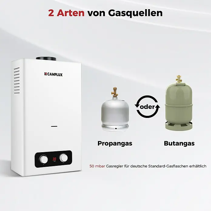 Camplux Durchlauferhitzer Outdoor Dusche BD-Serie - 10 l/min, 50 mbar, Weiß - Weißer Camplux Warmwasserbereiter, digital '38 TEMP°C' anzeigend, kompatibel mit Propan- und Butangasflaschen.