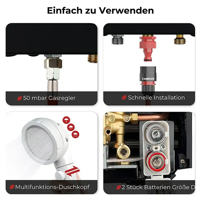 Camplux Durchlauferhitzer Outdoor Dusche BW-Serie - 10 l/min, 50 mbar, Schwarz - Detailansichten eines Gas-Warmwasserbereiters: Gasregleranschluss, Schnellanschluss für Wasser, Multifunktions-Duschkopf und D-Batteriefach.