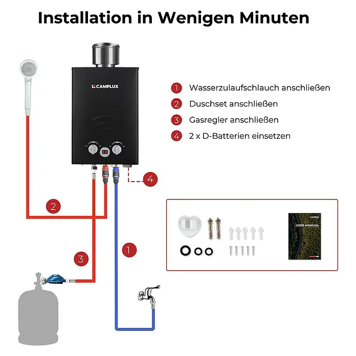 Camplux Durchlauferhitzer Outdoor Dusche BW-Serie - 6 l/min, 50 mbar, Schwarz - Installationsanleitung für einen schwarzen tragbaren Durchlauferhitzer, zeigt Gas-, Wasser- und Duschanschlüsse sowie Zubehör.