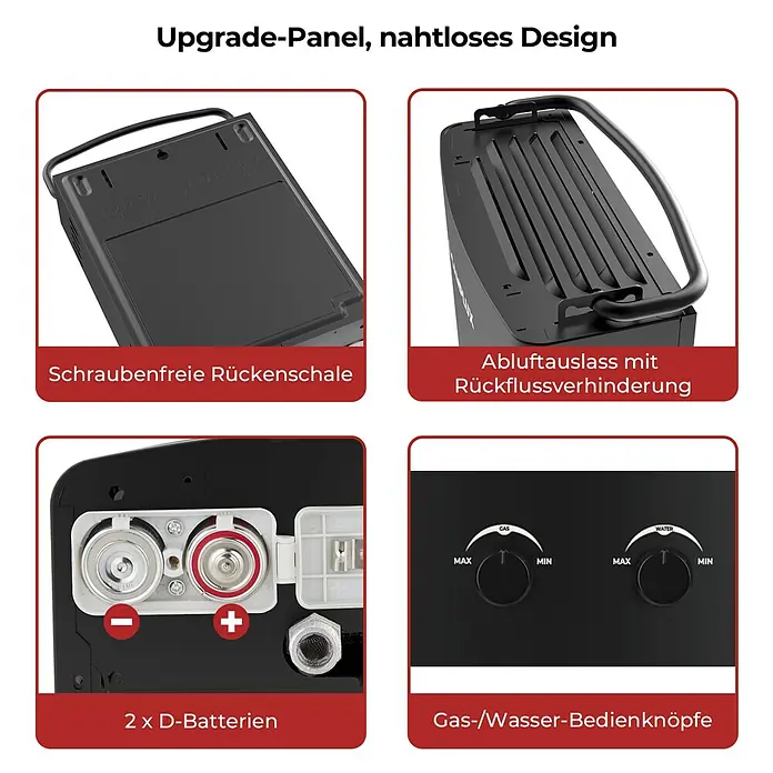 Camplux Durchlauferhitzer Outdoor Dusche AY-Serie - 5 l/min, 50 mbar, Schwarz - Nahaufnahmen eines schwarzen tragbaren Warmwasserbereiters, der seine schraubenfreie Rückseite, den Abluftauslass, das D-Batteriefach und die Gas/Wasser-Bedienknöpfe zeigt.