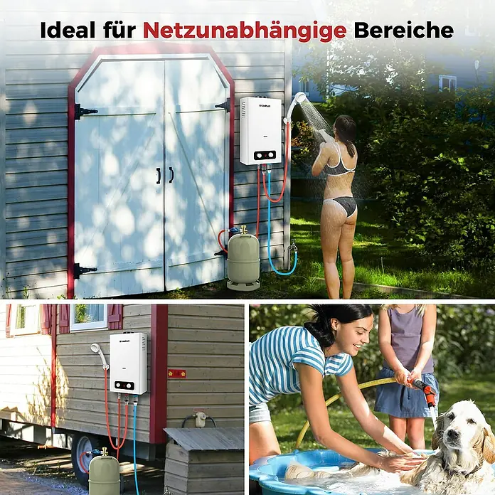 Camplux Durchlauferhitzer Outdoor Dusche BD-Serie - 10 l/min, 50 mbar, Weiß - Weißer tragbarer Outdoor-Warmwasserbereiter mit Gasflasche, ideal für netzunabhängige Duschen und Tierwäsche.