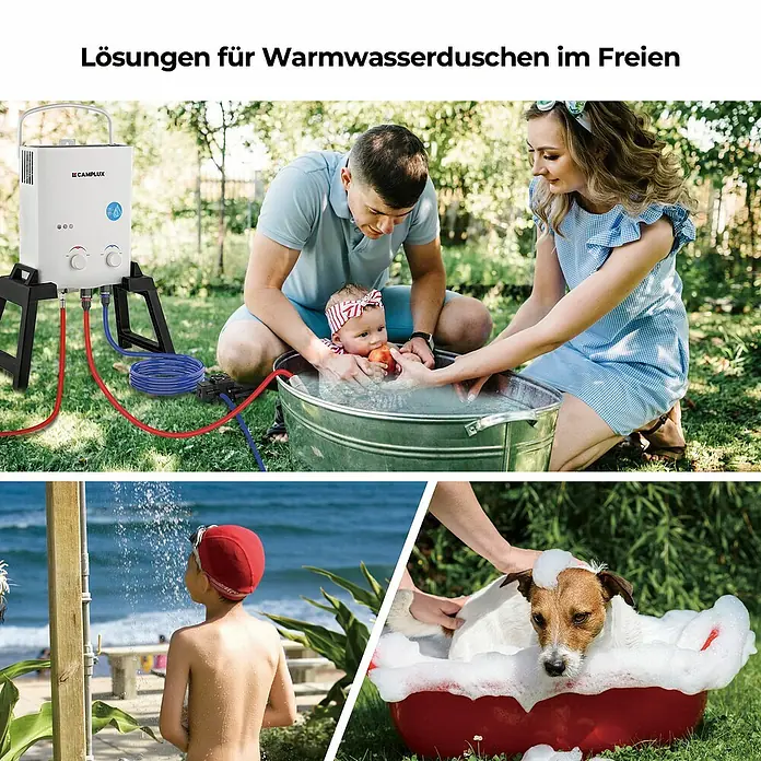 Camplux Durchlauferhitzer Outdoor Dusche AY-Serie + - 5 l/min, Wasserpumpe, 50 mbar, Weiß - Weißer tragbarer Warmwasserbereiter, der warmes Wasser für Duschen und Bäder im Freien für Baby, Kind und Hund liefert.