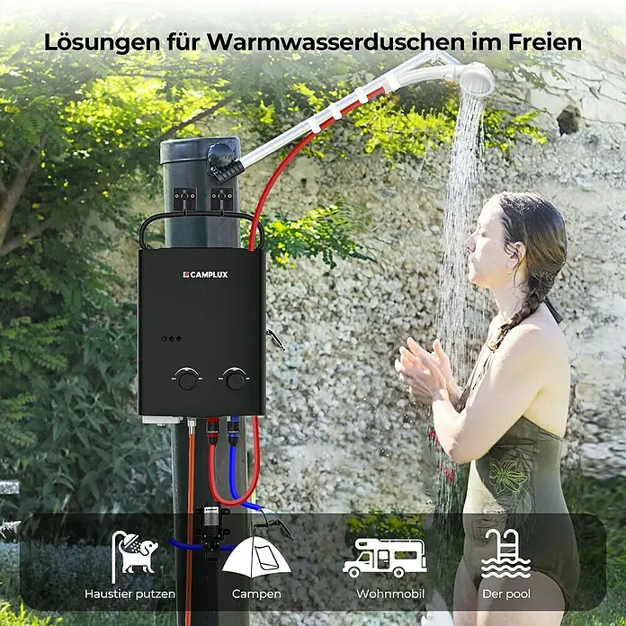 Camplux Durchlauferhitzer Outdoor Dusche AY-Serie + - 5 l/min, Wasserpumpe, 50 mbar, Schwarz - Schwarzer tragbarer Warmwasserbereiter für eine Person im Freien, mit Symbolen für Tierwäsche, Camping, Wohnmobil und Pool.