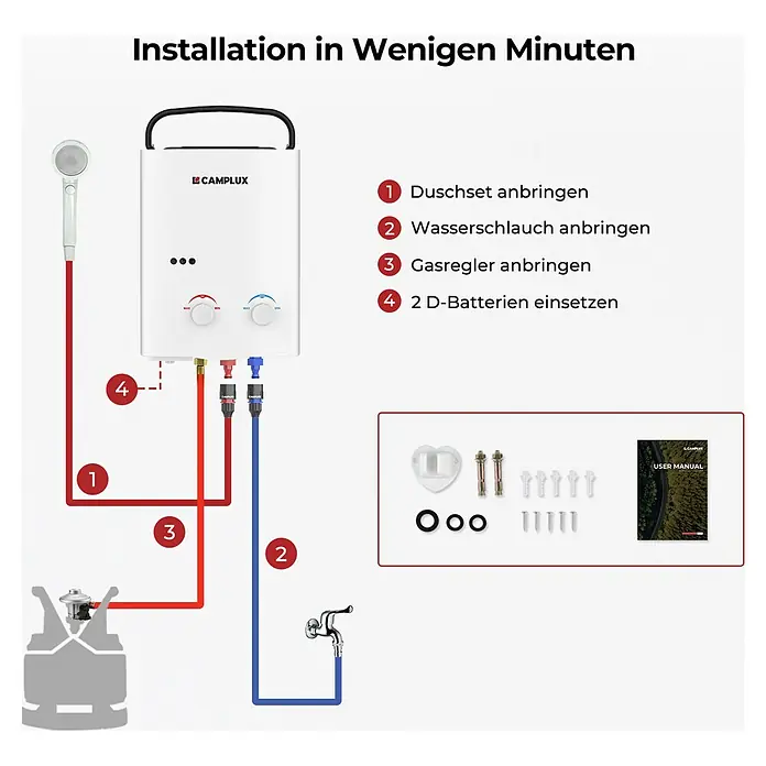Camplux Durchlauferhitzer Outdoor Dusche AY-Serie - 5 l/min, 37 mbar, Weiß - Weißer Camplux tragbarer Warmwasserbereiter mit Duschkopf, Gasflasche, Schläuchen und Zubehör, zeigt einfache Installationsschritte.