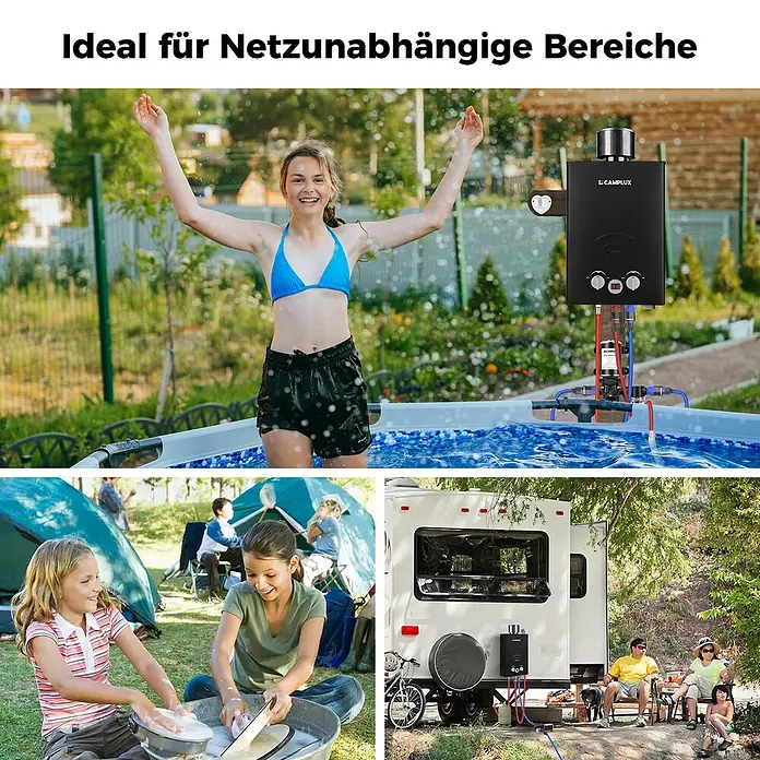 Camplux Durchlauferhitzer Outdoor Dusche BW+-Serie - 6 l/min, 50 mbar, Schwarz - Schwarzer tragbarer Outdoor-Warmwasserbereiter in netzunabhängigen Umgebungen wie Pool, Camping und Wohnmobil.