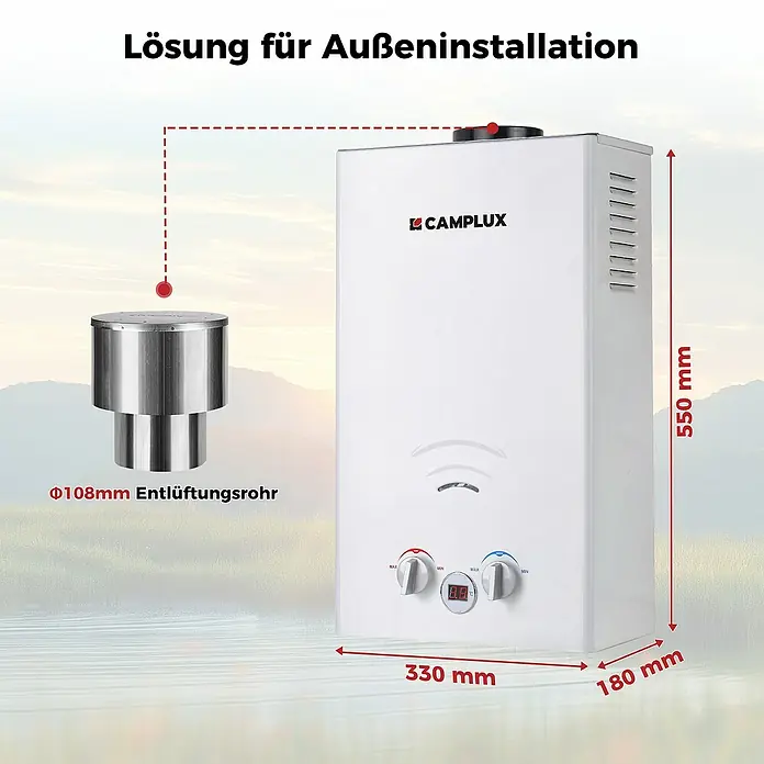 Camplux Durchlauferhitzer Outdoor Dusche BW-Serie - 10 l/min, 50 mbar, Weiß - Weißer Camplux Gas-Durchlauferhitzer für Außeninstallation mit 108mm Entlüftungsrohr und Maßen 550x330x180mm.
