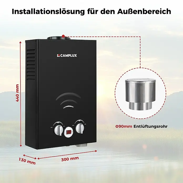 Camplux Durchlauferhitzer Outdoor Dusche BW+-Serie - 6 l/min, 50 mbar, Schwarz - Schwarzer Outdoor-Durchlauferhitzer (440x300x130mm) mit Ø90mm Entlüftungsrohr.