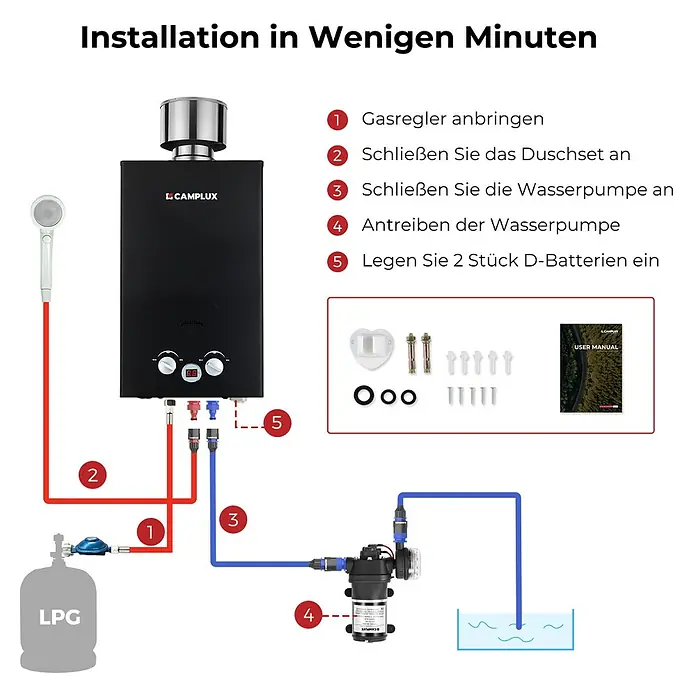 Camplux Durchlauferhitzer Outdoor Dusche BW+-Serie - 10 l/min, 50 mbar, Schwarz - Schwarzer tragbarer Warmwasserbereiter, an LPG, Wasserpumpe und Duschkopf angeschlossen, zur Installation im Freien dargestellt.