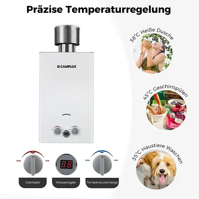 Camplux Durchlauferhitzer Outdoor Dusche BW-Serie - 10 l/min, 50 mbar, Weiß - Weißer rechteckiger Durchlauferhitzer mit silbernem Abzug, präziser Temperaturregelung für Dusche, Geschirrspülen und Tierwäsche.