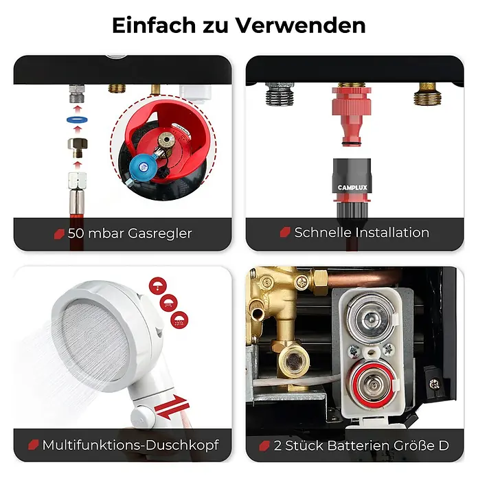 Camplux Durchlauferhitzer Outdoor Dusche BW+-Serie - 10 l/min, 50 mbar, Schwarz - Vier Panels zeigen Hauptmerkmale: 50 mbar Gasregleranschluss, schnelle Wasserinstallation, Multifunktions-Duschkopf und zwei D-Batterien.