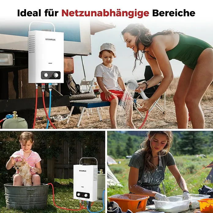 Camplux Durchlauferhitzer Outdoor Dusche BD-Serie - 6 l/min, 50 mbar, Weiß - Weißer tragbarer Camplux-Warmwasserbereiter, im Einsatz für Duschen, Haustierwäsche und Geschirrspülen im Freien.