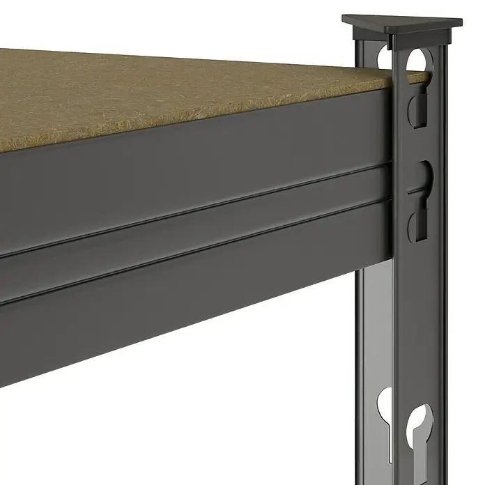 Regalux Getränkekistenregal - H x B x T: 133 x 70 x 32,5 cm, Traglast pro Boden: 50 kg, Anzahl Böden: 1 Stk., Stecken, Anthrazit - Nahaufnahme eines dunkelgrauen Metallregals mit hellbraunem Holzregalboden, zeigt verstellbare Schlüssellochschlitze.