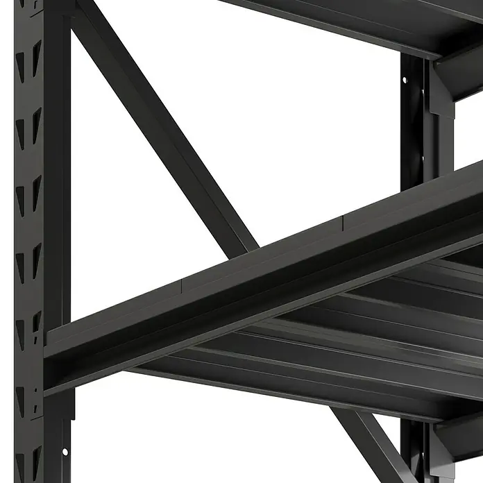 Regalux Metallregal Heavy Duty - H x B x T: 183 x 120 x 60 cm, Traglast pro Boden: 600 kg, Anzahl Böden: 4 Stk., Stecken, Schwarz - Schwarzes Metall-Industrieregal, Nahaufnahme des Rahmens und der Stützen.