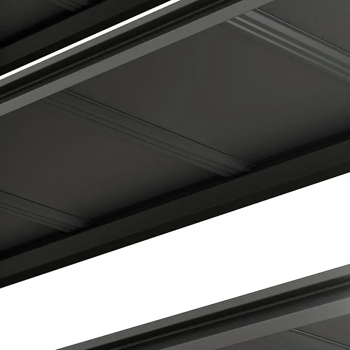 Regalux Metallregal Style M - H x B x T: 175 x 120 x 45 cm, Traglast pro Boden: 150 kg, Anzahl Böden: 5 Stk., Stecken, Schwarz - Dunkelgraues modulares Metalldachsystem mit sichtbaren Platten und Trägern.
