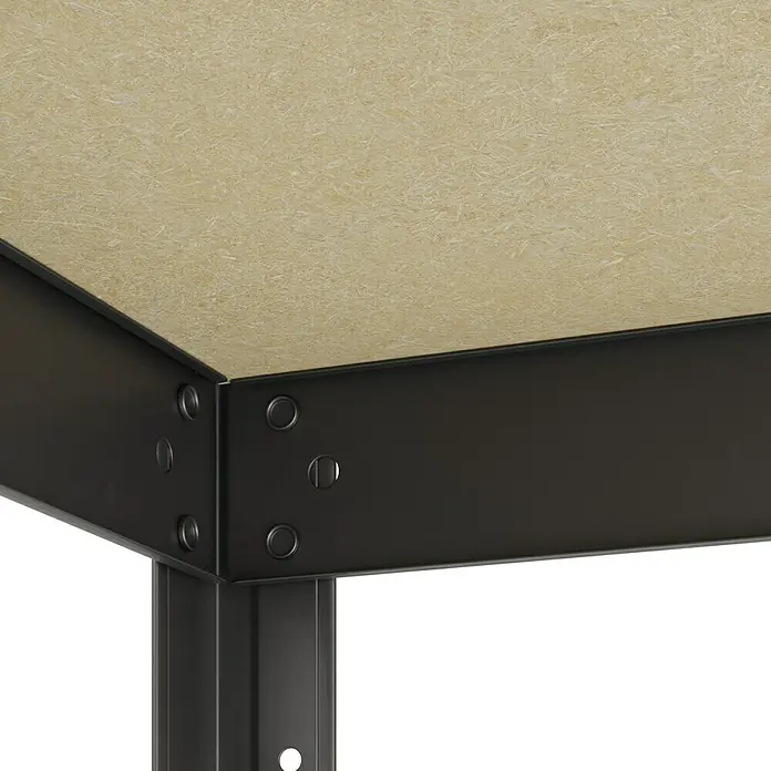 Regalux Metallregal - H x B x T: 180 x 93 x 40 cm, Traglast pro Boden: 175 kg, Anzahl Böden: 5 Stk., Stecken - Ecke eines Regals mit heller Spanplatte und dunklem, verschraubtem Metallrahmen.