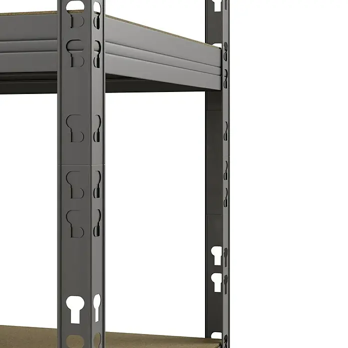 Regalux Getränkekistenregal - H x B x T: 133 x 70 x 32,5 cm, Traglast pro Boden: 50 kg, Anzahl Böden: 1 Stk., Stecken, Anthrazit - Nahaufnahme eines grauen Metallregals mit hellbraunen Holzablagen und Schlüssellochschlitzen.