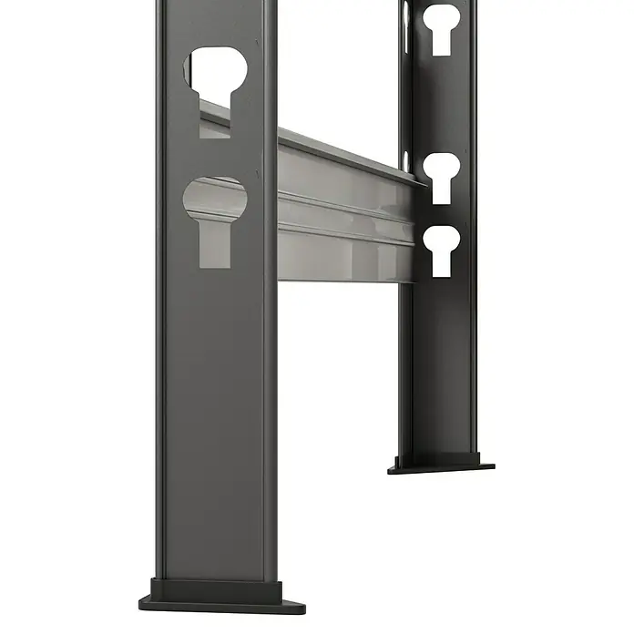 Regalux Getränkekistenregal - H x B x T: 133 x 70 x 32,5 cm, Traglast pro Boden: 50 kg, Anzahl Böden: 1 Stk., Stecken, Anthrazit - Zwei graue Metallregalpfosten mit Schlüssellochschlitzen und teilweiser Ansicht eines verstellbaren Regals.